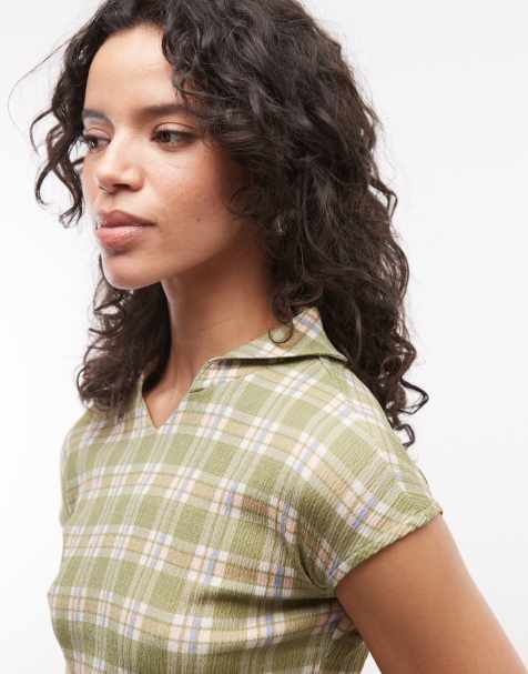 Reclaimed Vintage short sleeve top with collar detail in green check - view 1