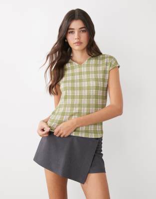Reclaimed Vintage short sleeve top with collar detail in green plaid