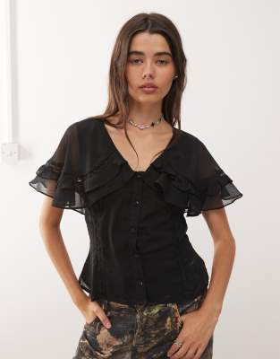 Reclaimed Vintage Short Sleeve Top With Collar In Black