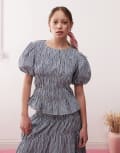 [Reclaimed Vintage] Reclaimed Vintage short sleeve western top with puff sleeve and shirred detail in blue check-Multi 6 blue