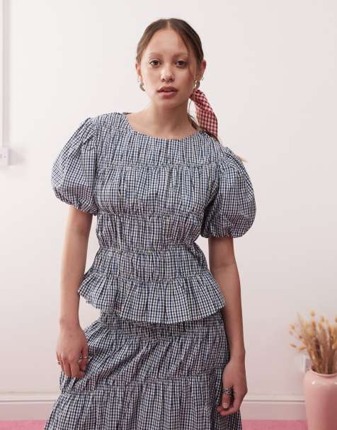 Reclaimed Vintage short sleeve western top with puff sleeve and shirred detail in blue check