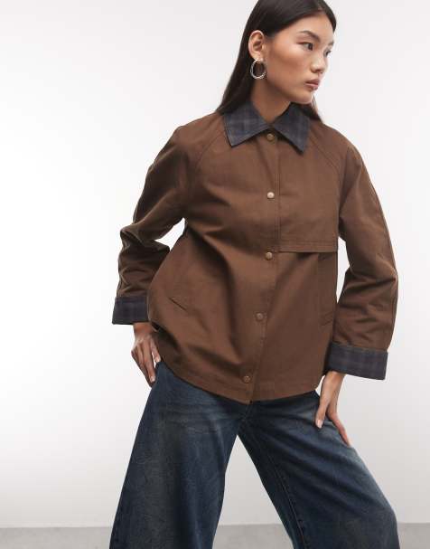 Reclaimed Vintage short waxed mac with check collar and cuffs in green - view 1