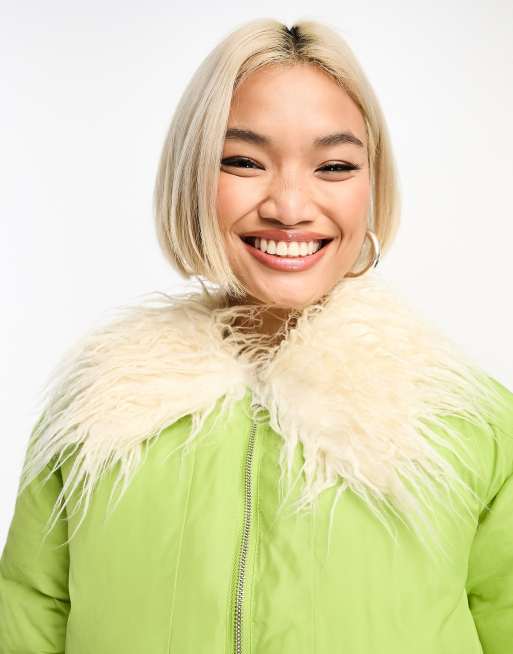 Reclaimed Vintage shrunken aviator jacket with faux fur collar in green