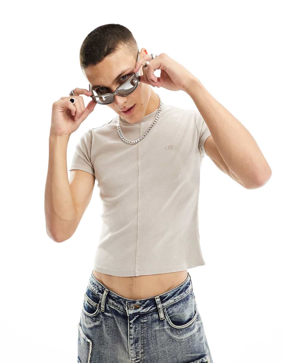 Reclaimed Vintage shrunken ribbed t-shirt in washed stone