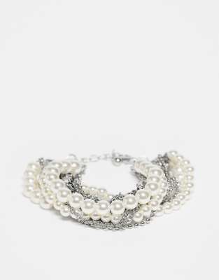 Reclaimed Vintage - Silberfarbenes Unisex-Armband mit mehrlagigem Design mit Perlen