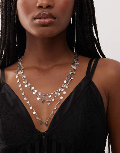 Reclaimed Vintage silver disc chain layered long necklace in silver - view 1