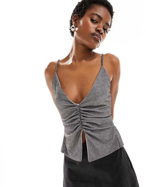 Reclaimed Vintage silver split front halter top with bow details