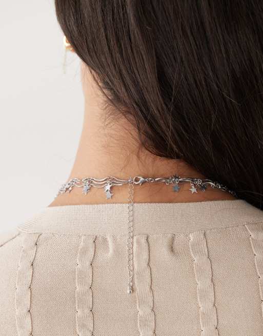 Reclaimed Vintage silver star chain layered long necklace in silver, 3 of 3