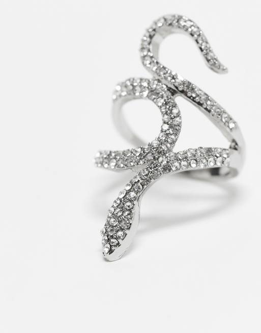Reclaimed Vintage – Silverfärgad ormring i flerpack med strass, 2 av 4
