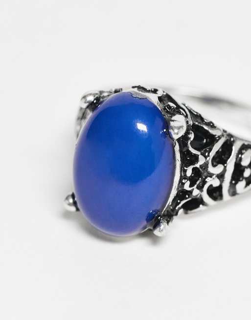 Reclaimed Vintage – Silverfärgad ring i unisex-modell med oäkta blå smyckessten, 2 av 3