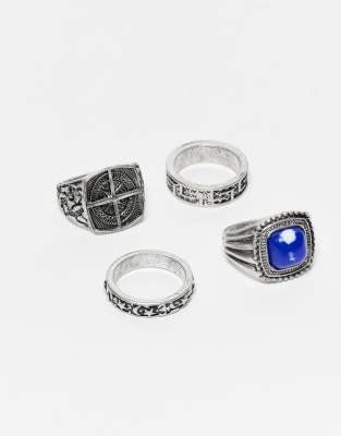 Reclaimed Vintage – Silverfärgade ringar i unisex-modell med oäkta blå sten, 4-pack - view 1