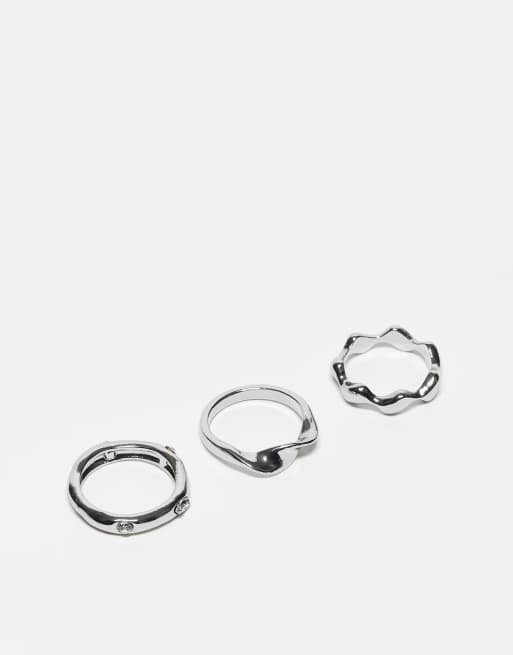 Reclaimed Vintage – Silverfärgade ringar med smält design i unisex-modell, 3-pack