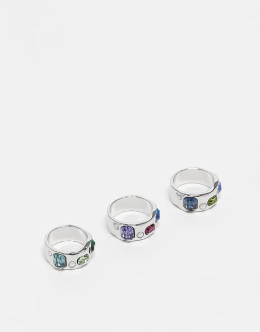 Reclaimed Vintage – Silverfärgade ringar med stenar i unisex-modell, 3-pack