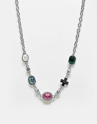 Reclaimed Vintage – Silverfärgat chokerhalsband med färgglada smyckestenar - view 1