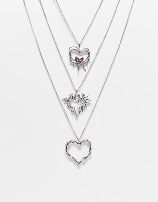 Reclaimed Vintage – Silverfärgat halsband i 3 rader med superstort hjärthänge
