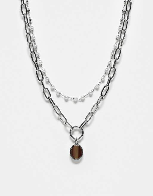 Reclaimed Vintage – Silverfärgat halsband i två rader med hänge med stenimitation i unisex-modell