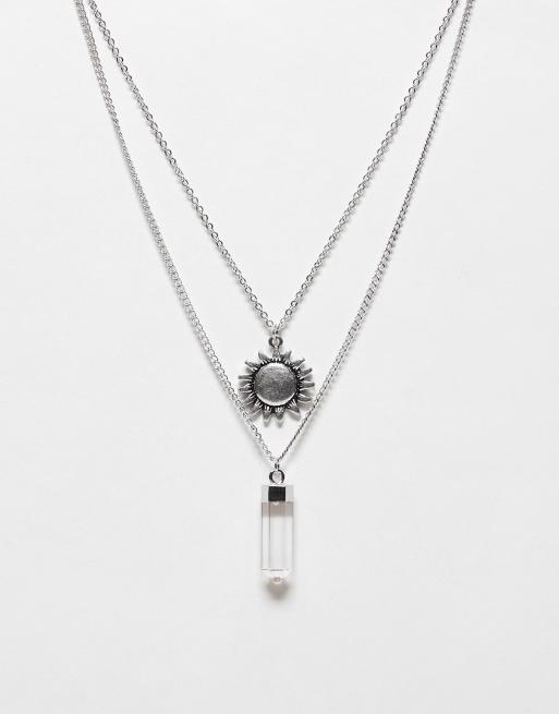 Reclaimed Vintage – Silverfärgat halsband i unisex-modell med 2 rader och sol- och stenhänge