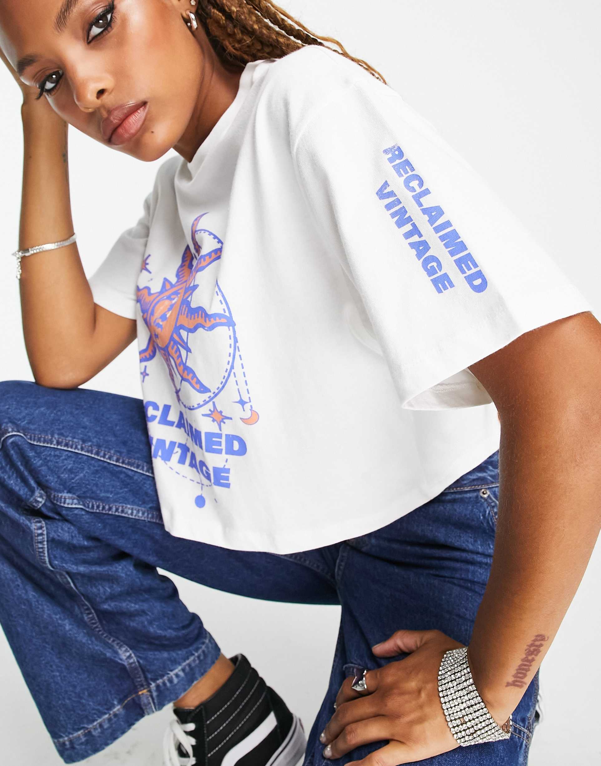 Reclaimed Vintage skate t-shirt with sun print in white view 4