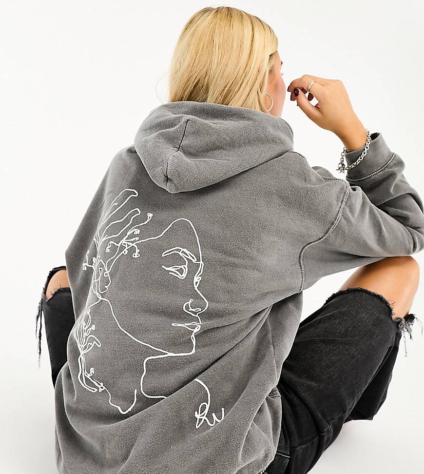 Reclaimed Vintage Sketched Face Hoodie In Charcoal-gray