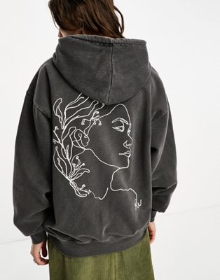 Reclaimed Vintage Sketchy Face Hoodie In Washed Charcoal-gray