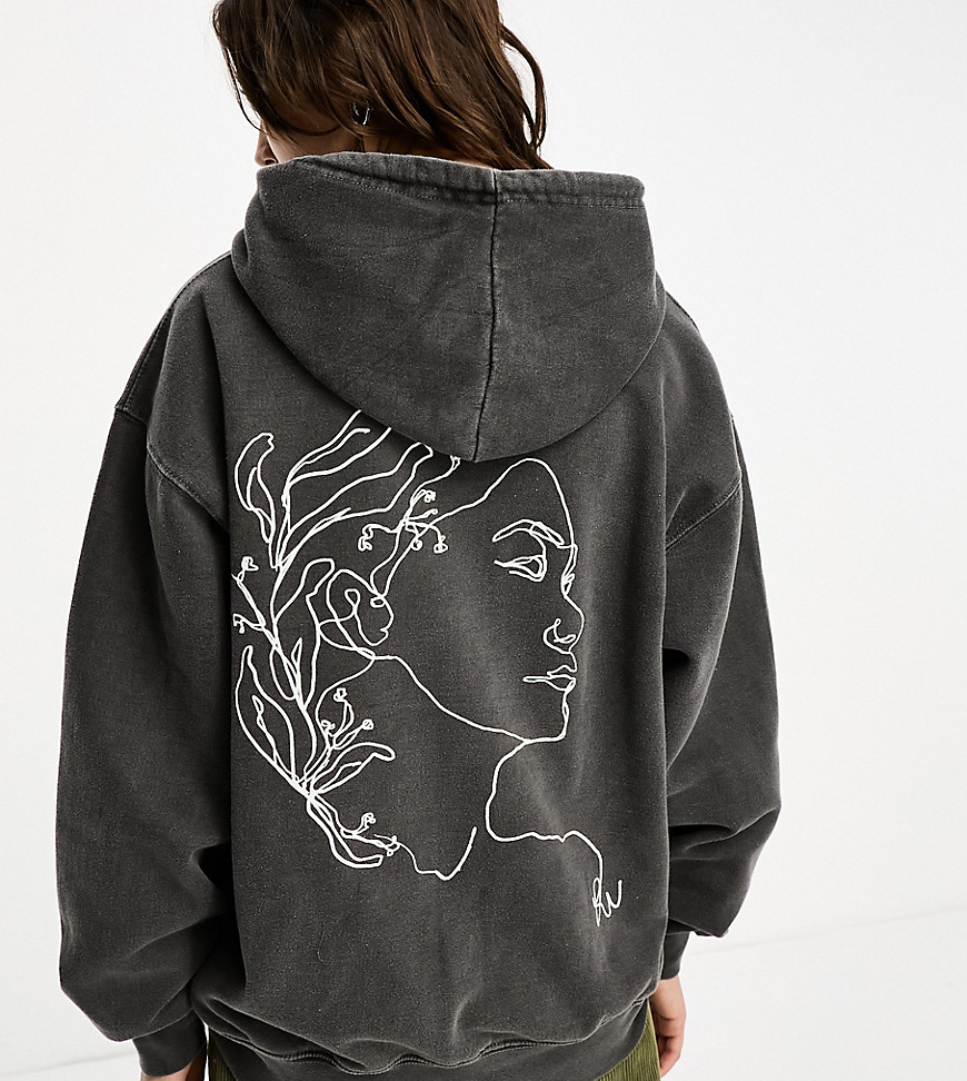 Reclaimed Vintage sketchy face hoodie in washed charcoal-Grey