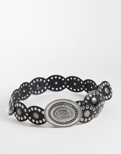 Reclaimed Vintage skinny disc belt in black and silver