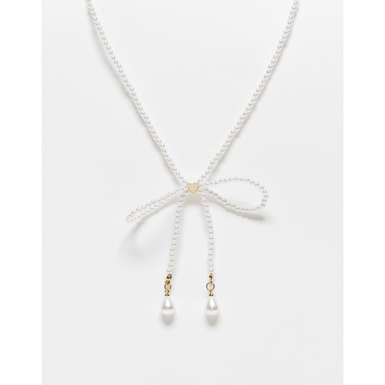 Reclaimed Vintage skinny pearl bow necklace