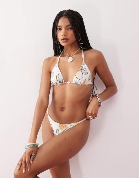 Reclaimed Vintage skinny strap ribbed bikini bottom with shell print in white