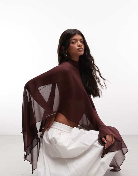 Reclaimed Vintage skir chiffongponcho i chokladbrun - view 1