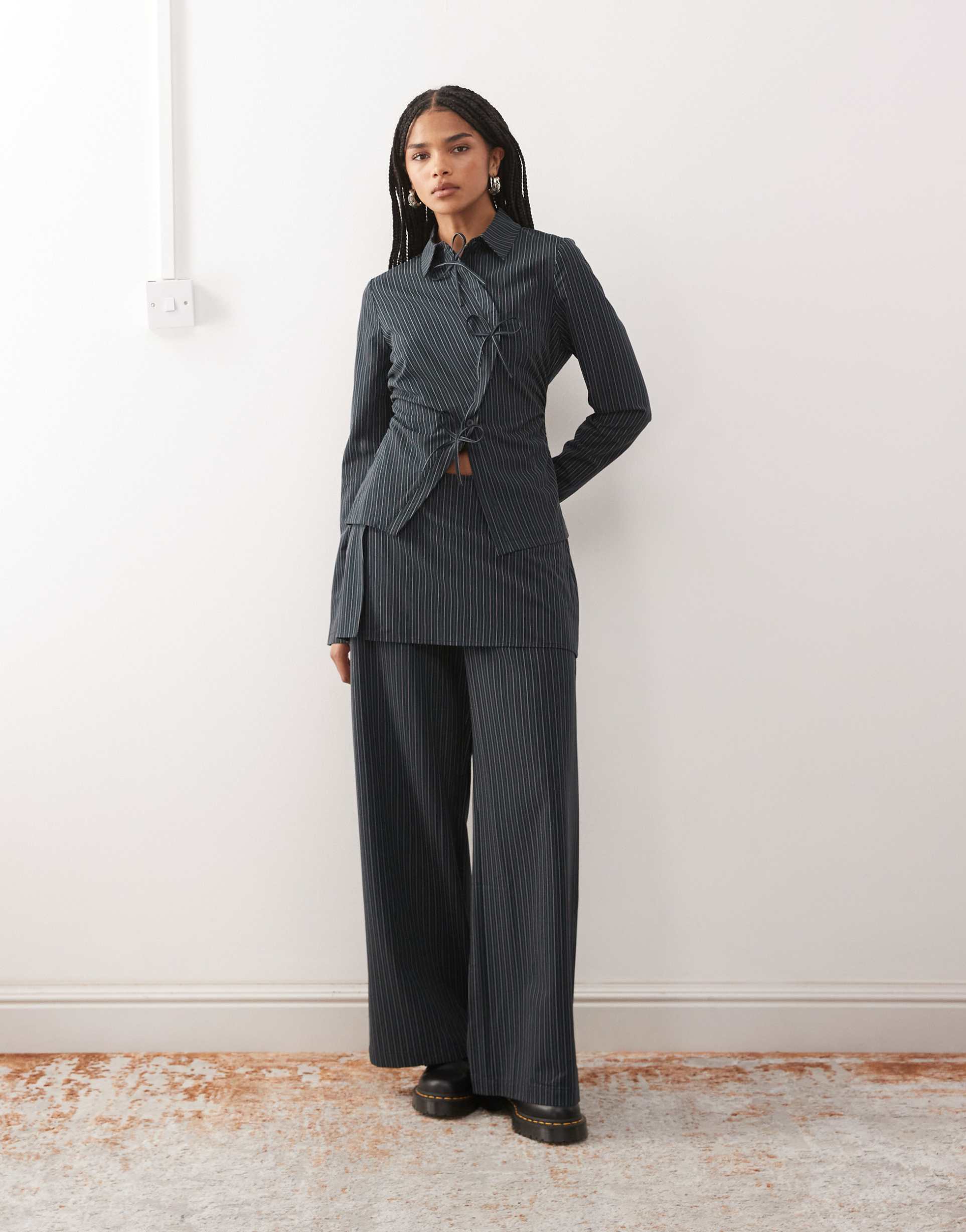 reclaimed vintage skirt pants in navy pinstripe - part of a set