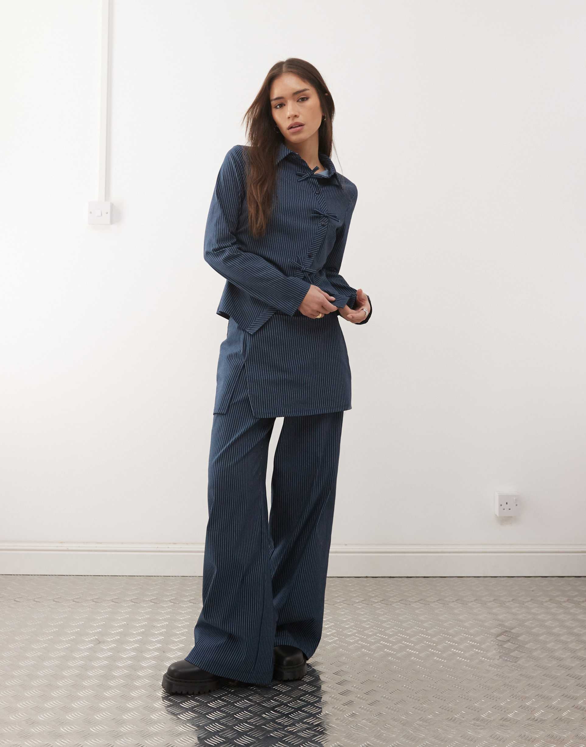 reclaimed vintage skirt pants in navy pinstripe - part of a set