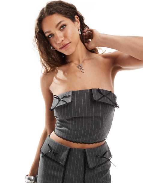 Reclaimed Vintage - Skræddersyet bandeau-top med blonder, sløjfer og nålestriber i grå - view 1