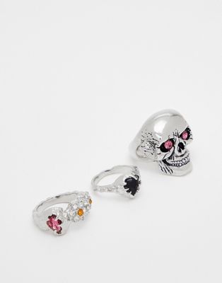Reclaimed Vintage skull ring pack with stones in silver