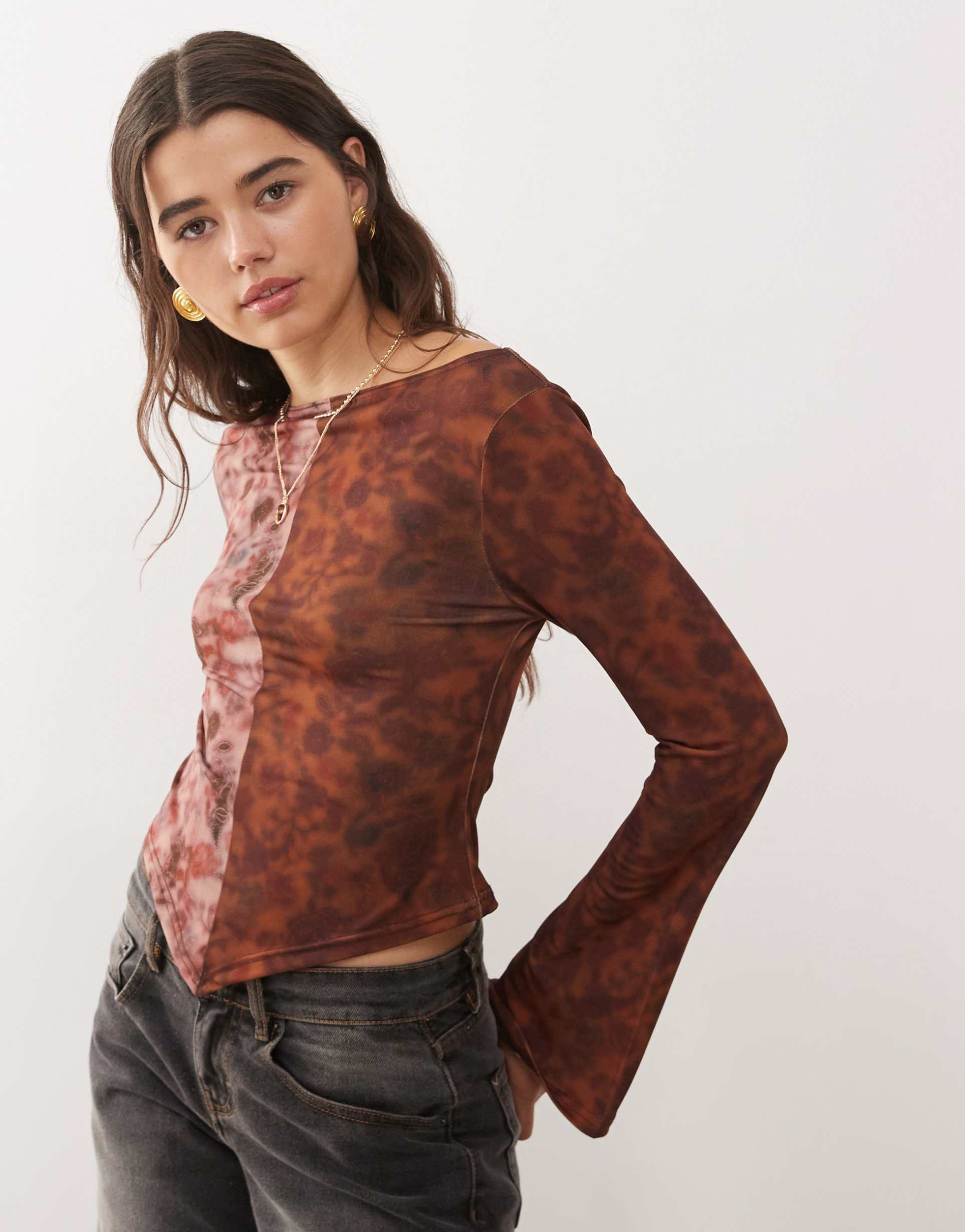 reclaimed vintage slash neck angel sleeve top in split floral print