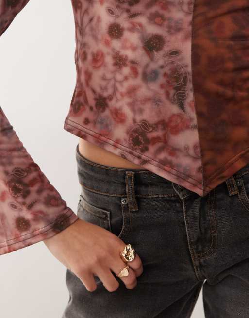 Reclaimed Vintage slash neck angel sleeve top in split floral print, 3 of 4