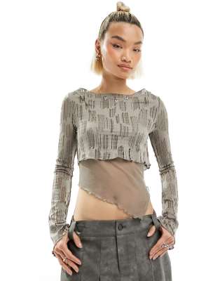 Reclaimed Vintage Slash Neck Asymmetric Hem Top In Gray