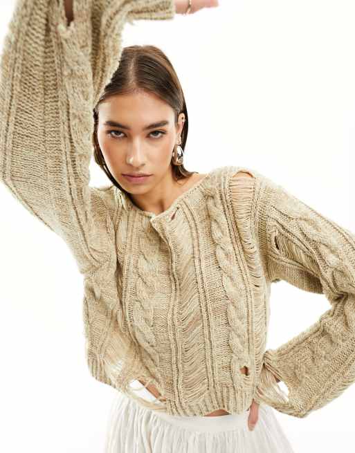 Reclaimed Vintage slash neck cable jumper with distressing in neutral