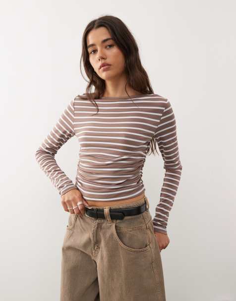 Reclaimed Vintage slash neck cinched waist long sleeve T-shirt with ruching detail in brown stripe - view 1