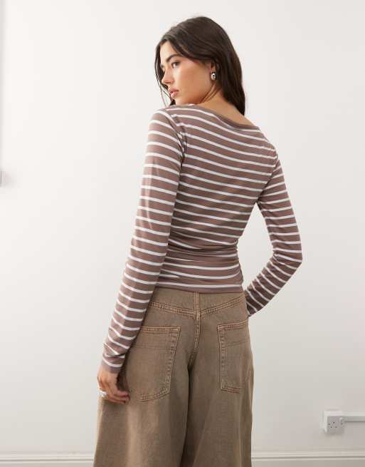 Reclaimed Vintage slash neck cinched waist long sleeve T-shirt with ruching detail in brown stripe