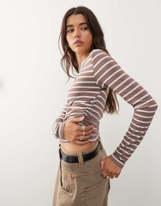 Reclaimed Vintage slash neck cinched waist long sleeve T-shirt with ruching detail in brown stripe
