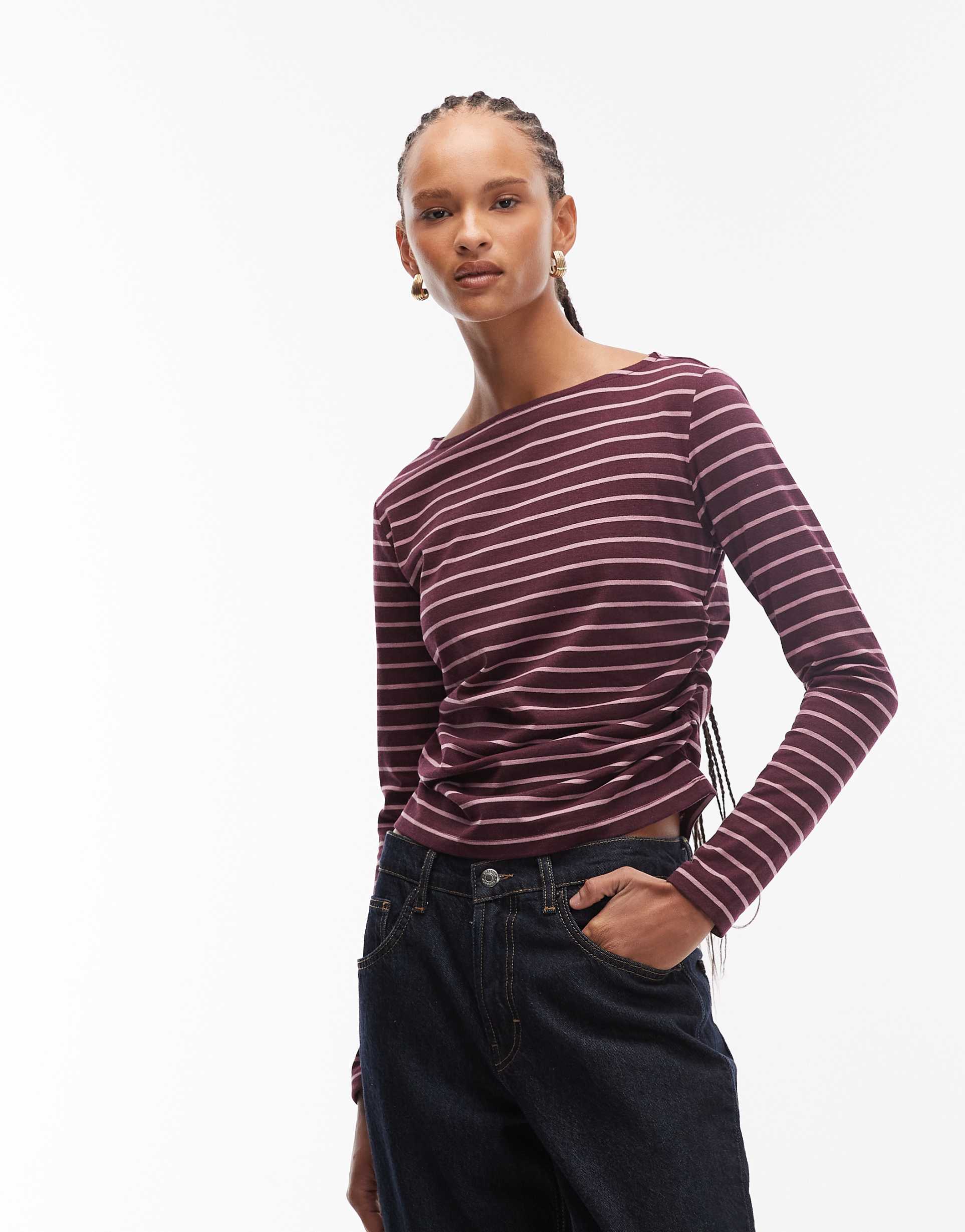 reclaimed vintage slash neck cinched waist long sleeve t-shirt with ruching detail in stripe