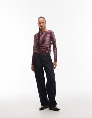 Reclaimed Vintage Slash Neck Cinched Waist Long Sleeve T-shirt With Ruching Detail In Multi