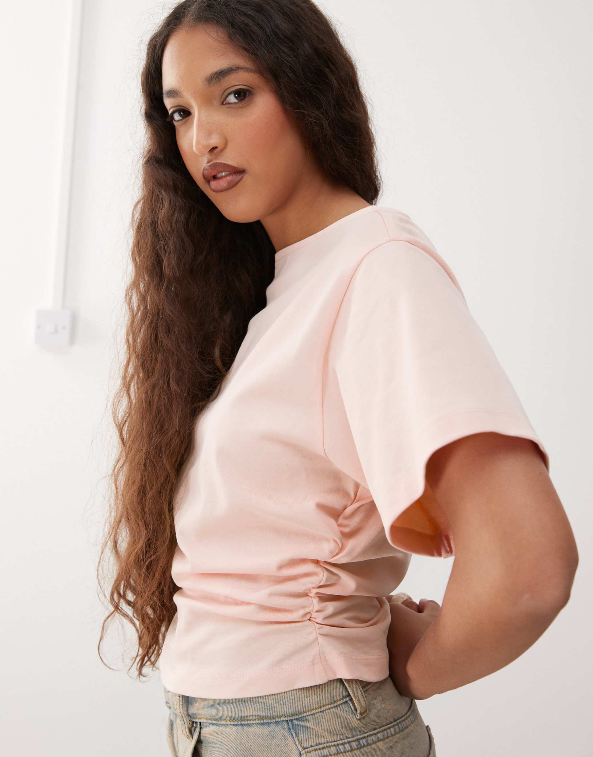 reclaimed vintage slash neck cinched waist t-shirt with ruching detail in baby pink