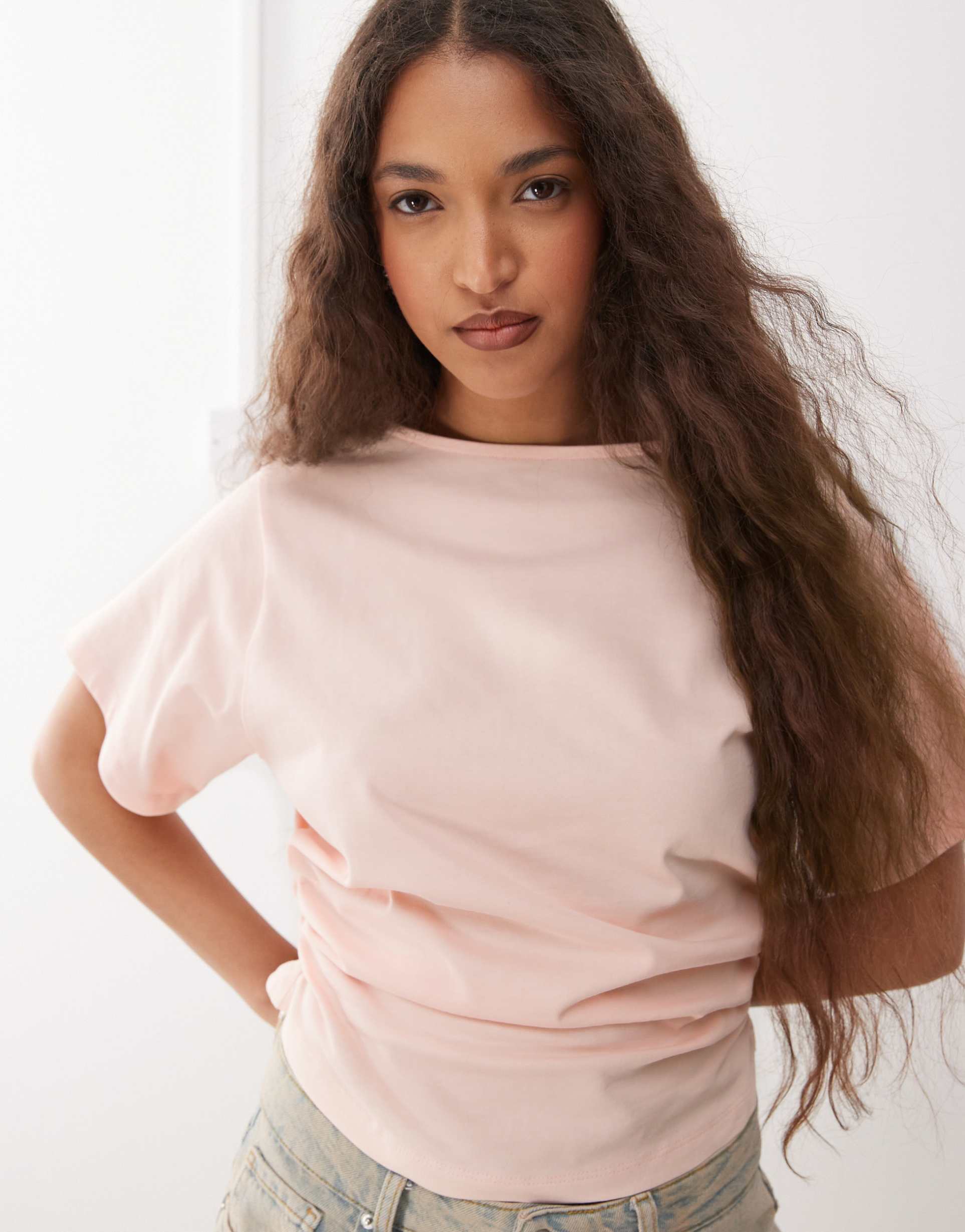 reclaimed vintage slash neck cinched waist t-shirt with ruching detail in baby pink