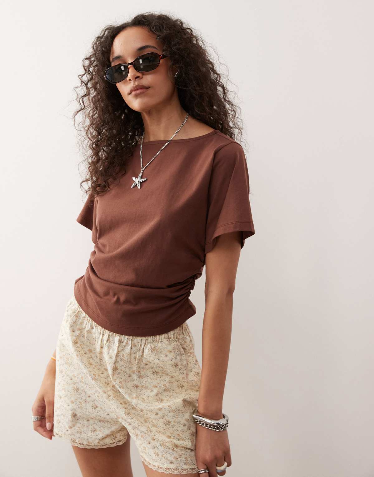 Reclaimed Vintage slash neck cinched waist t-shirt with ruching detail in chocolate brown