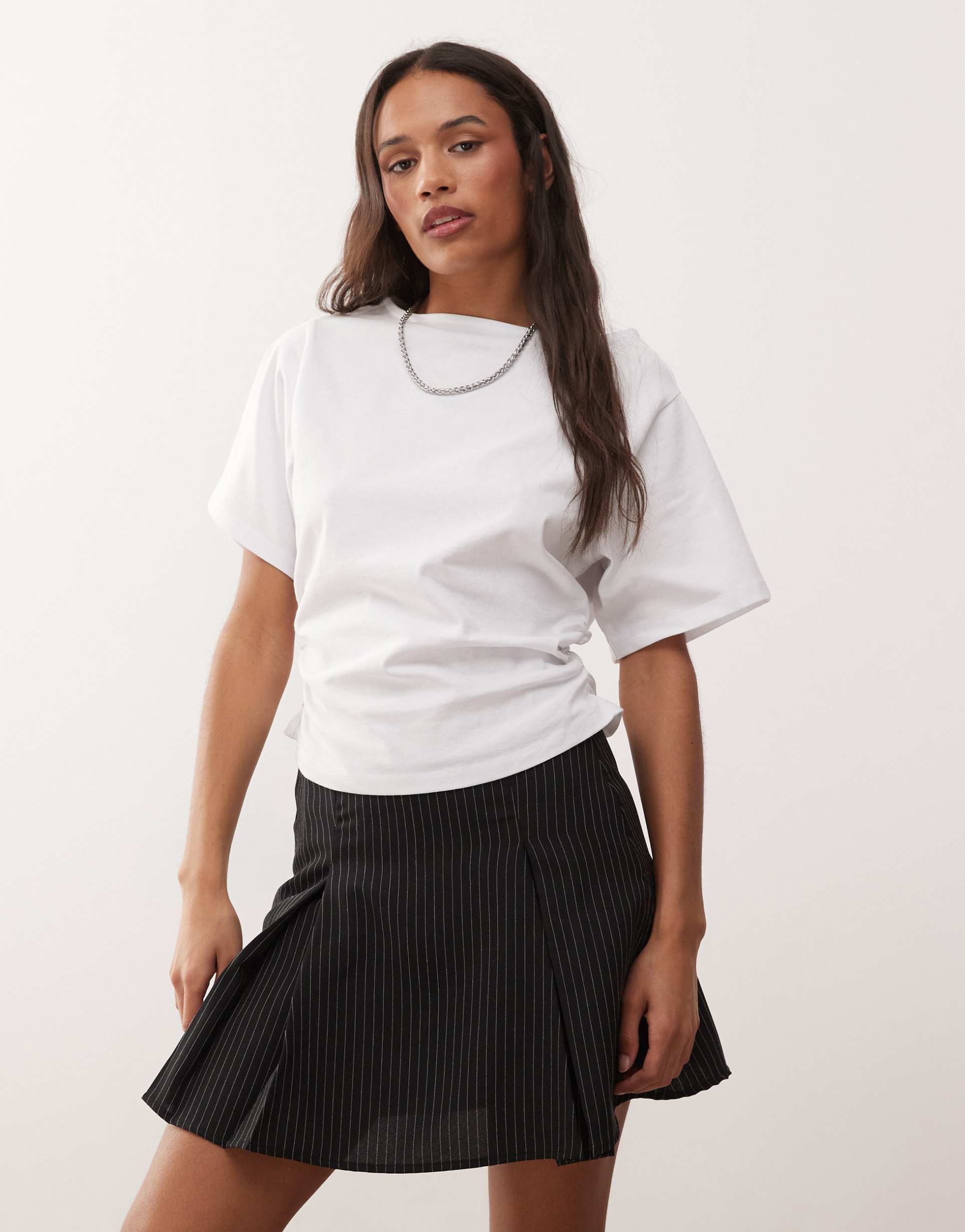 reclaimed vintage slash neck cinched waist t-shirt with ruching detail in white