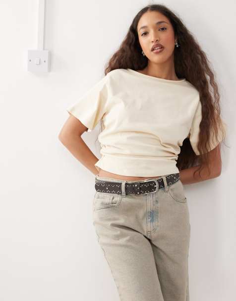 Reclaimed Vintage slash neck cinched waist t-shirt with ruching in butter yellow - view 1