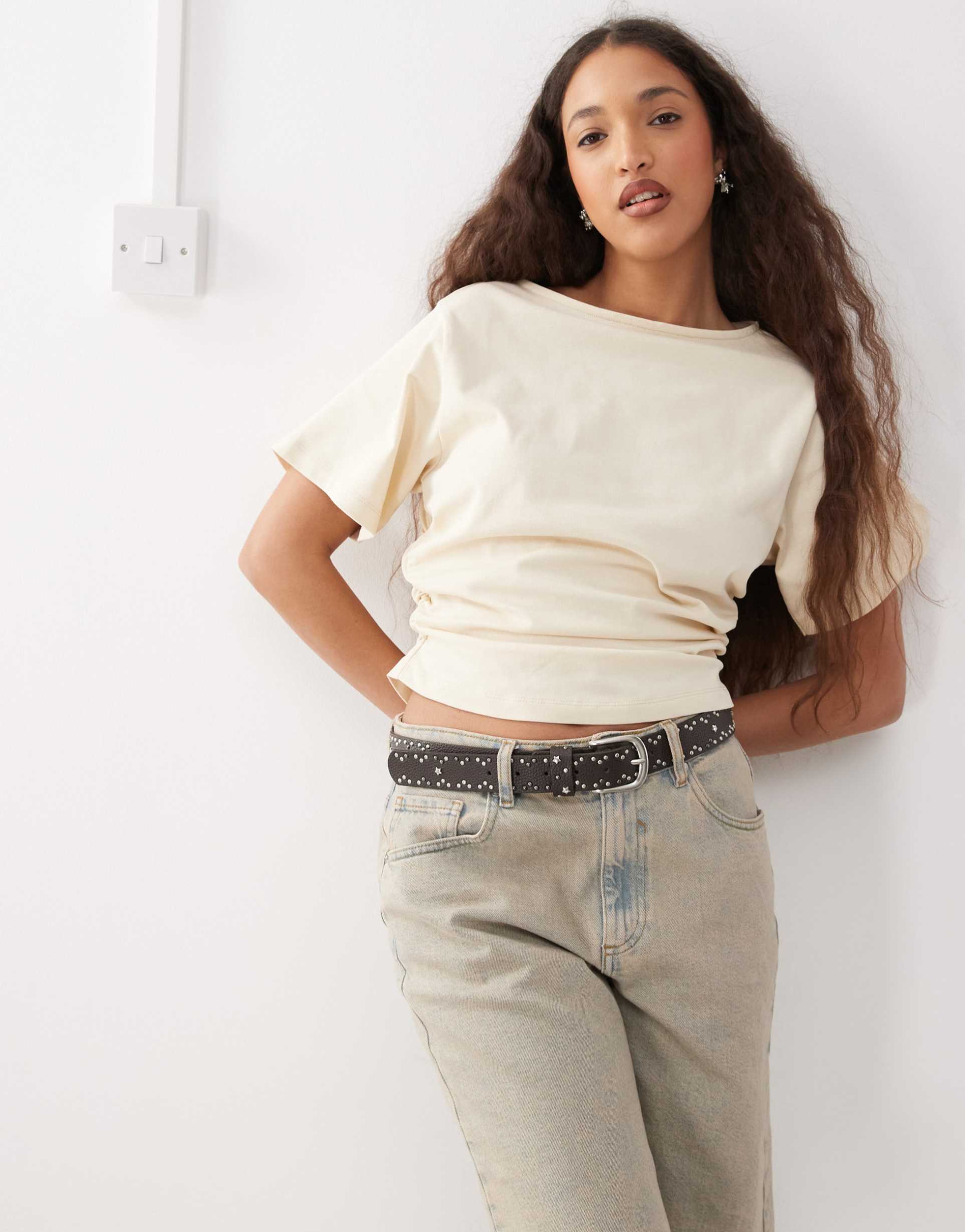 reclaimed vintage slash neck cinched waist tshirt with ruching in butter yellow