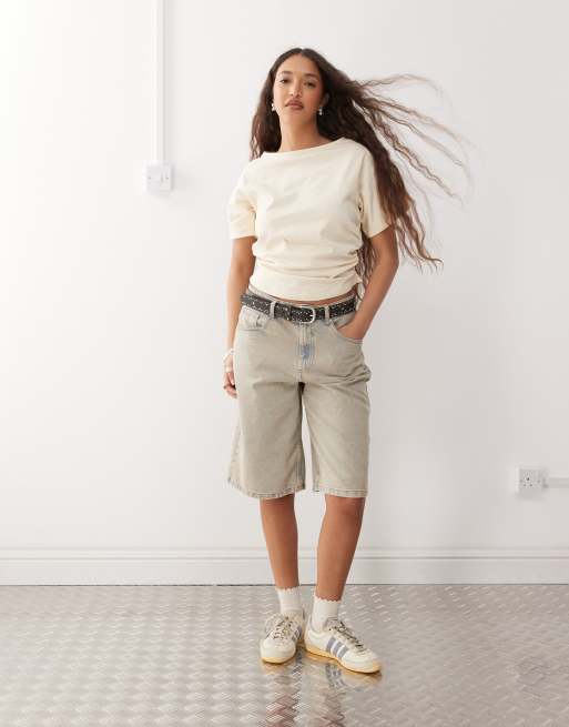 Reclaimed Vintage slash neck cinched waist tshirt with ruching in butter yellow