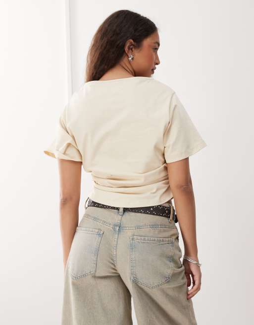 Reclaimed Vintage slash neck cinched waist tshirt with ruching in butter yellow